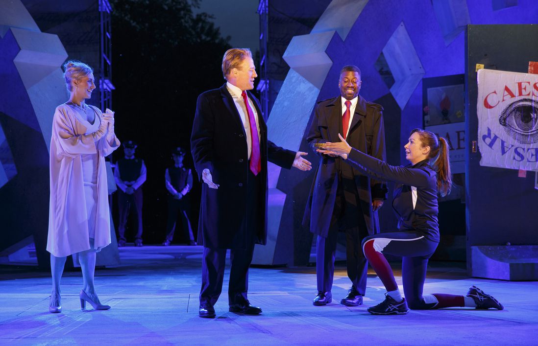 Tina Benko, Gregg Henry, Teagle F. Bougere, and Elizabeth Marvel in The Public Theater’s Free Shakespeare in the Park production of Julius Caesar<br>